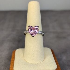 Pink Heart-Cut Gemstone Ring with Pavé Silvertone Band